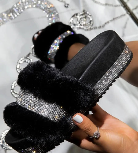 Luxury Designer Women Fur Rhinestone Slippers