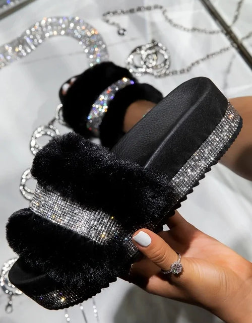 Load image into Gallery viewer, Luxury Designer Women Fur Rhinestone Slippers
