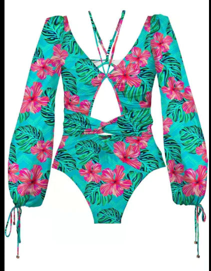 Load image into Gallery viewer, Vintage One Piece Swimsuit Female 2022 Long Sleeve Swimwear Women Plus Size Bathing Suit Print Bandage Summer Bathers Monokini
