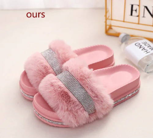 Load image into Gallery viewer, Luxury Designer Women Fur Rhinestone Slippers
