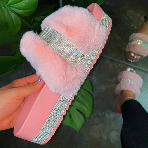 Load image into Gallery viewer, Luxury Designer Women Fur Rhinestone Slippers
