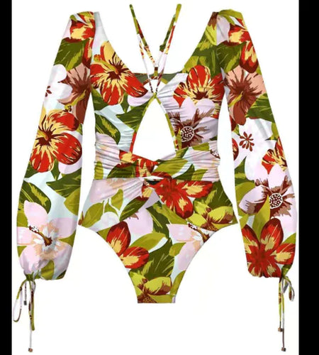 Vintage One Piece Swimsuit Female 2022 Long Sleeve Swimwear Women Plus Size Bathing Suit Print Bandage Summer Bathers Monokini