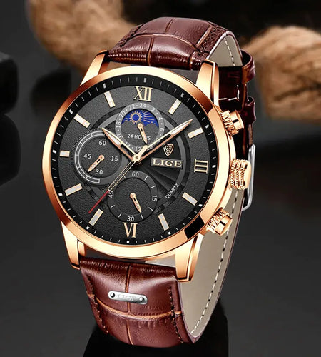 2023 New Mens Watches LIGE Top Brand Luxury Leather Casual Quartz