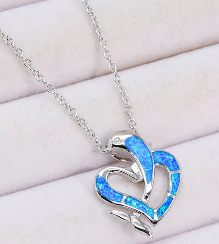 Opal Dolphin Heart Chain-Link Necklace