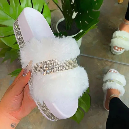 Load image into Gallery viewer, Luxury Designer Women Fur Rhinestone Slippers
