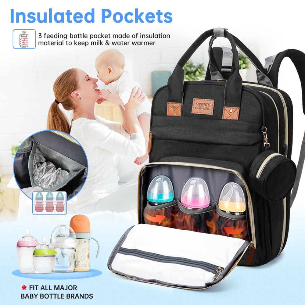 Diaper Bag Backpack, Baby Bag with Insulated Milk Bottle Pockets, Multifunctional Diaper Bags for Baby Girl Boy, Travel Large Capacity Bag with 13 Pockets & Stroller Straps, Waterproof&Stylish(Black)