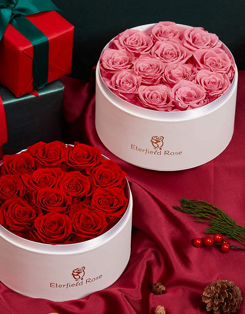 Load image into Gallery viewer, 12 Preserved Rose in a Box Real Roses That Last a Year Preserved Flowers for Delivery Prime Gift for Her Valentines Day Mother Day (Red Roses, round White PU Leather Box)
