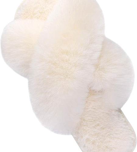 Womens Cross Band Slippers Cozy Furry Fuzzy House Slippers Open Toe Fluffy Indoor Shoes Outdoor Slip on Warm Breathable Anti-Skid Sole