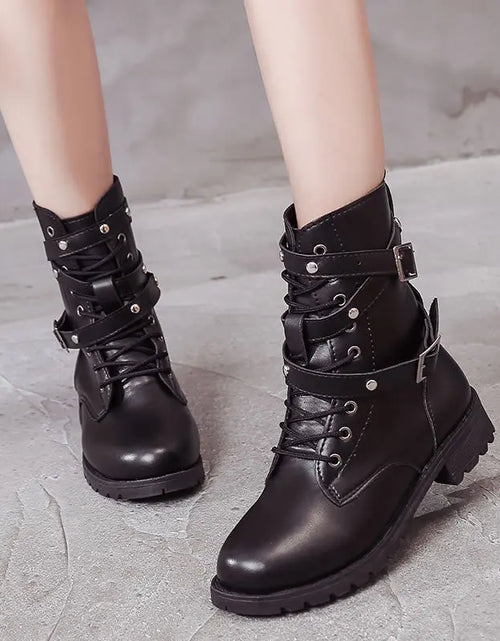 Load image into Gallery viewer, Punk Style Motorcycle Boots for Women Autumn 2019 Short Velvet Buckle Combat Boots Ladies Shoes Winter Boots Women
