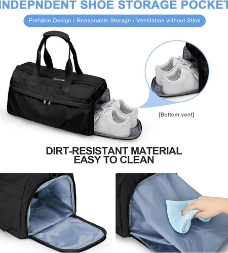 Sport Duffel Bag, Gym Bag with Shoes Compartment and Wet Pocket,Travel Duffel Bag for Man and Women,Sport Gym Tote Bags for Swimming Yoga, Weekend Overnight Bag Carry on Bag Black