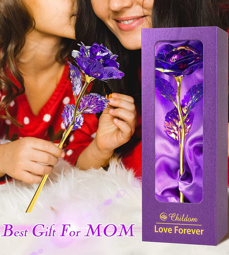 Purple Colorful Rose Flower Present Golden Foil with Luxury Gift Box Great Gift Idea for Valentine'S Day, Mother'S Day, Thanksgiving Day, Christmas, Birthday, Anniversary