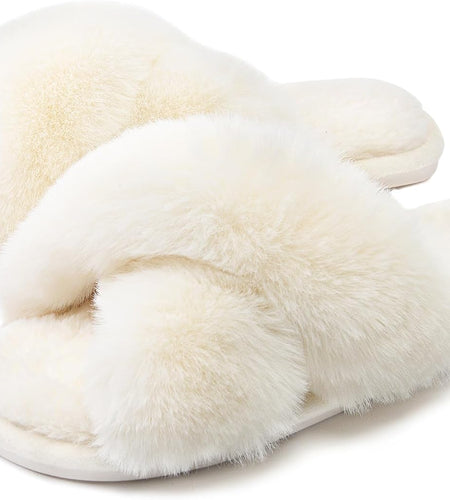 Womens Cross Band Slippers Cozy Furry Fuzzy House Slippers Open Toe Fluffy Indoor Shoes Outdoor Slip on Warm Breathable Anti-Skid Sole