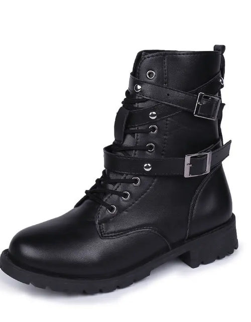 Load image into Gallery viewer, Punk Style Motorcycle Boots for Women Autumn 2019 Short Velvet Buckle Combat Boots Ladies Shoes Winter Boots Women
