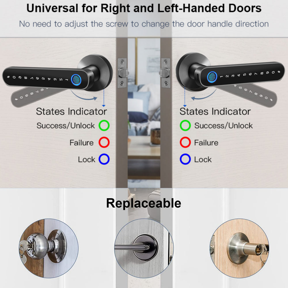 Smart Door Lock,Keyless Entry Door Lock with Handle,Fingerprint Door Lock with Tuya App,Smart Door Knob for Bedroom