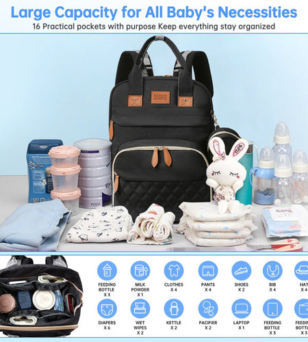Diaper Bag Backpack, Baby Bag with Insulated Milk Bottle Pockets, Multifunctional Diaper Bags for Baby Girl Boy, Travel Large Capacity Bag with 13 Pockets & Stroller Straps, Waterproof&Stylish(Black)