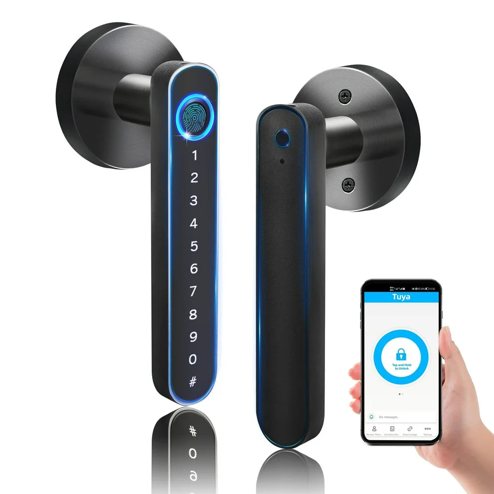 Smart Door Lock,Keyless Entry Door Lock with Handle,Fingerprint Door Lock with Tuya App,Smart Door Knob for Bedroom