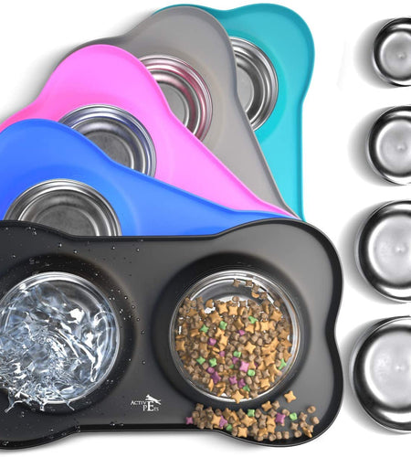 Dog Bowl Set, Stainless Steel No Spill Mess-Proof Food & Water Dog Food Bowls with Skid Resistant Silicone Mat, Dog Bowls Small Size Dog, Medium, & Large, Pet Puppy Bowls & Dog Dishes