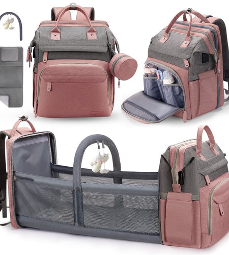 Baby Diaper Bag Backpack with Changing Station, Waterproof Changing Pad, USB Charging Port,Pacifier Case ,Pink Color