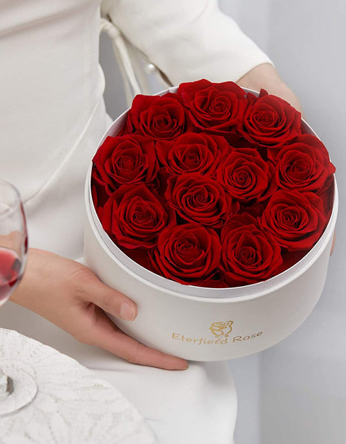 Load image into Gallery viewer, 12 Preserved Rose in a Box Real Roses That Last a Year Preserved Flowers for Delivery Prime Gift for Her Valentines Day Mother Day (Red Roses, round White PU Leather Box)
