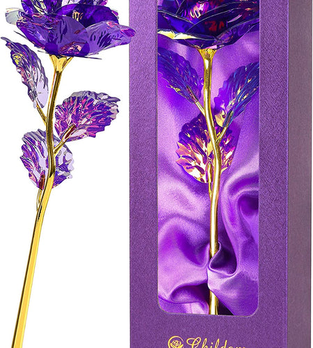Purple Colorful Rose Flower Present Golden Foil with Luxury Gift Box Great Gift Idea for Valentine'S Day, Mother'S Day, Thanksgiving Day, Christmas, Birthday, Anniversary