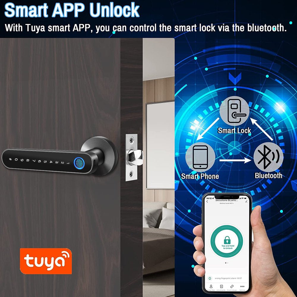 Smart Door Lock,Keyless Entry Door Lock with Handle,Fingerprint Door Lock with Tuya App,Smart Door Knob for Bedroom